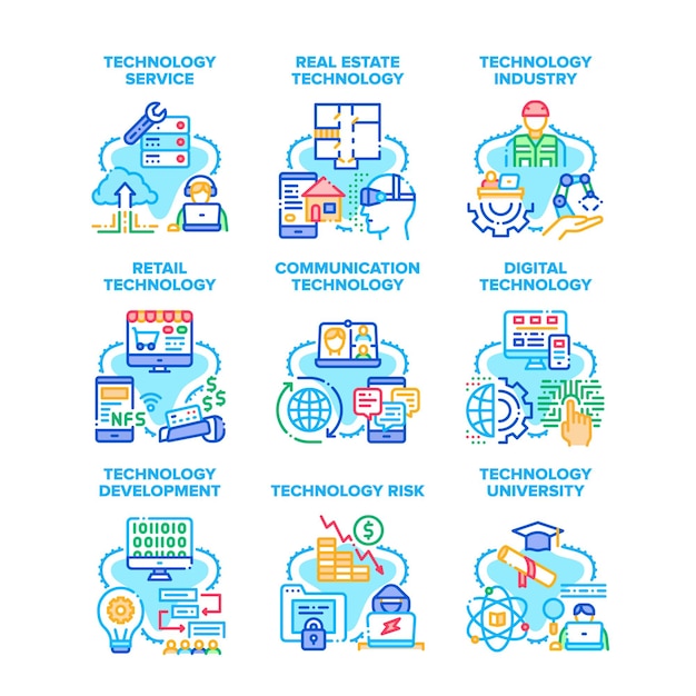 Servicio de tecnología Establecer iconos Ilustraciones vectoriales Servicio de tecnología digital y desarrollo Inmobiliario e industria Dispositivo minorista y Gadget de comunicación Universidad e ilustraciones de color de riesgo