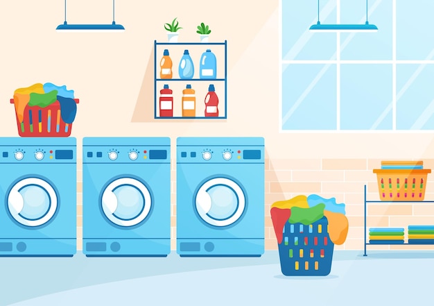 Servicio de tintorería con lavadoras y lavandería para ropa limpia en ilustración plana