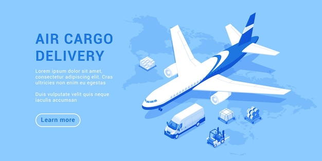 Servicio de transporte logístico global de vector isométrico de página de destino de entrega de carga aérea