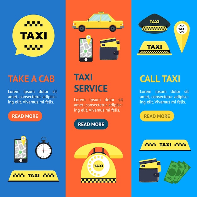 Servicio de transporte de taxi banner vecrtical establecido para su estilo de diseño plano empresarial. ilustración vectorial