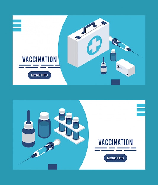 Servicio de vacunación con iconos isométricos de botiquín