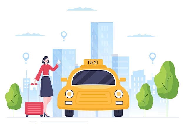 Vector servicio de viajes de reserva de taxis en línea ilustración de diseño plano a través de la aplicación móvil en un teléfono inteligente lleve a alguien a un destino adecuado para el fondo, póster o pancarta