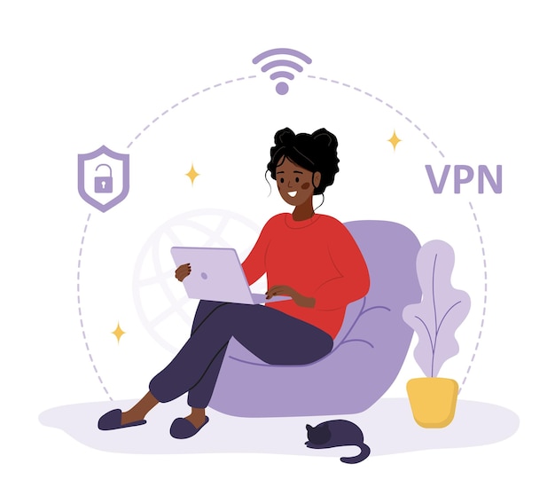 Servicio vpn mujer africana que usa una red privada para proteger datos personales protección de dns y direcciones ip software de seguridad de base de datos ilustración vectorial en estilo de caricatura plana