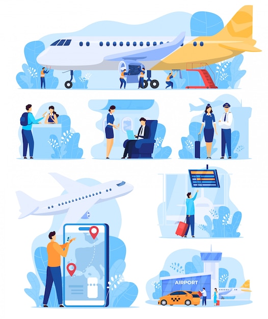 Servicios de aerolíneas, personas en el aeropuerto, ilustración del personal y pasajeros