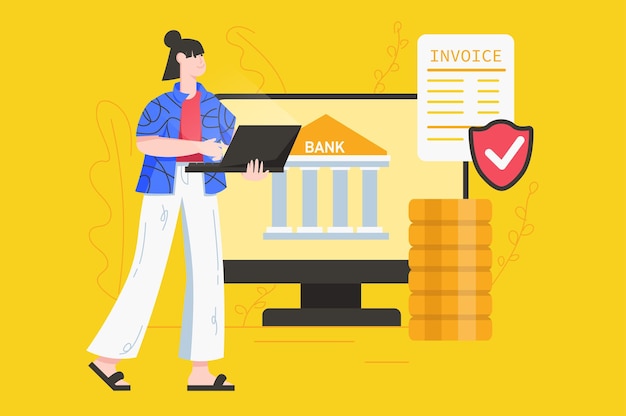 Servicios de banca en línea moderno concepto plano. mujer que paga la factura, invierte dinero y administra la cuenta bancaria desde una computadora portátil o un sitio de computadora. ilustración de vector con escena de personas para diseño de banner web