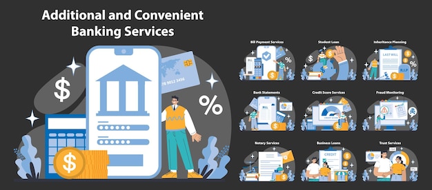 Servicios bancarios adicionales y convenientes en el modo nocturno o oscuro establecen transacciones digitales sin problemas y