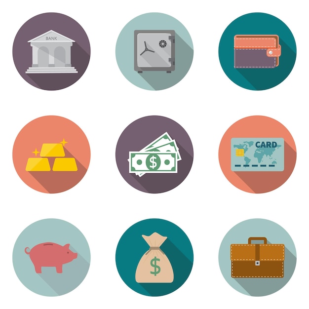 Los servicios bancarios de ahorro de dinero establecen iconos modernos en un estilo plano aislado sobre fondo blanco colección de elementos financieros ilustración vectorial
