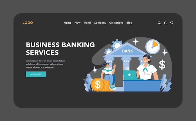 Servicios bancarios empresariales en modo nocturno o oscuro web o página de aterrizaje soluciones financieras a medida para