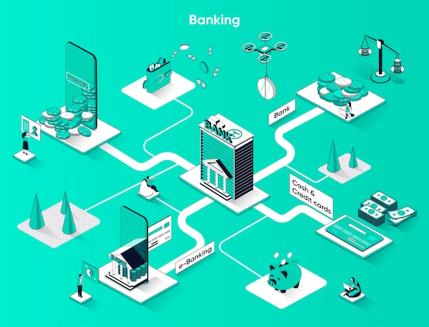 Servicios bancarios isométrica web banner isometría plana