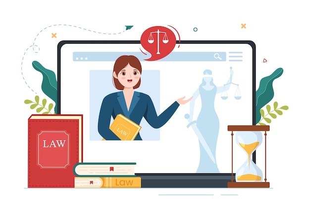 Servicios de bufete de abogados con asesoramiento legal de justicia y consultor de abogados en cartel Ilustración dibujada a mano