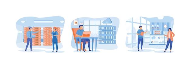 Servicios de centros de datos Técnico trabaja en racks de salas de servidores Tecnología empresarial computación en la nube