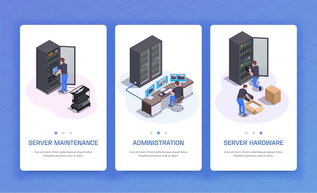 Vector servicios de comunicación de mantenimiento de servidores de equipos de hardware de administración de centros de datos 3 banderas verticales isométricas ilustración aislada azul