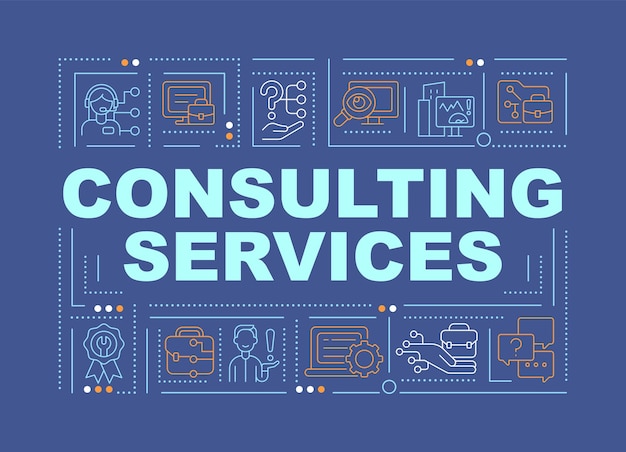 Servicios de consultoría técnica conceptos de palabras banner azul oscuro. Infografías con iconos lineales en el fondo. tipografía aislada. Ilustración de color vectorial con texto. Fuente Arial-Black utilizada