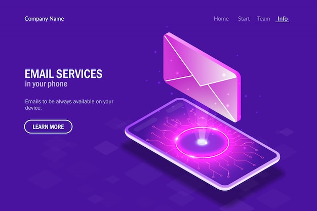 Servicios de correo electrónico en su teléfono. Letra de holograma en el fondo del teléfono inteligente