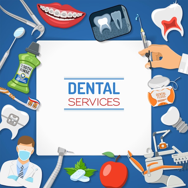 Vector servicios dentales odontología banner y marco de higiene con iconos planos silla de dentista, aparatos ortopédicos, rayos x, cartucho de jeringa, implante, herramientas de odontología y enjuague de dientes. ilustración vectorial aislada