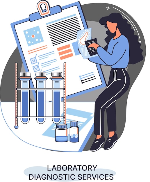 Vector servicios de diagnóstico de laboratorio metáfora de indicadores de salud tratamiento de investigación clínica de examen médico atención médica y encuesta de rutina por parte del médico analiza recetas de medicamentos equipo de laboratorio