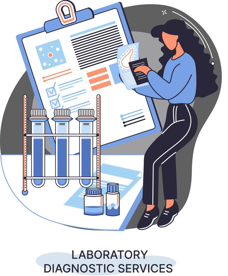 Vector servicios de diagnóstico de laboratorio metáfora de indicadores de salud tratamiento de investigación clínica de examen médico atención médica y encuesta de rutina por parte del médico analiza recetas de medicamentos equipo de laboratorio