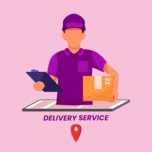 Los servicios de entrega rápida pueden usar un teléfono inteligente móvil con cartón postal Compras en línea Ilustración vectorial en estilo plano