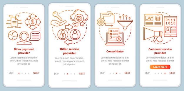 Servicios de facturación que incorporan la plantilla vectorial de la pantalla de la página de la aplicación móvil Proveedor de asesoramiento de pago del facturador Pasos del sitio web del tutorial con ilustraciones lineales Concepto de interfaz de teléfono inteligente UX UI GUI