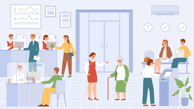 Servicios financieros de la oficina del banco clientes consultor de caja y clientes departamento de finanzas interior de dibujos animados mujer y hombre trabajando cómodamente escena vectorial