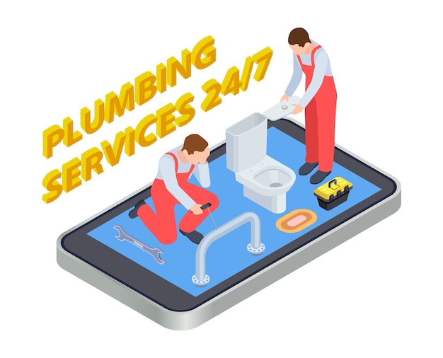 Servicios de fontanería isométrica. concepto de aplicación en línea de fontanero. Ilustración fontanería baño, instalar y reparar