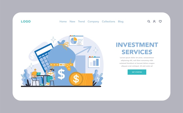 Servicios de inversión web o página de aterrizaje que traza el curso del crecimiento financiero con activos expertos