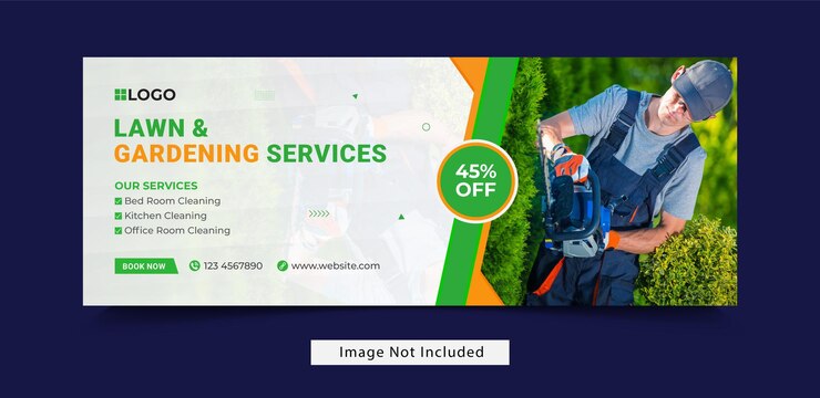 Vector servicios de jardinería o césped redes sociales portada de facebook y plantilla de banner web