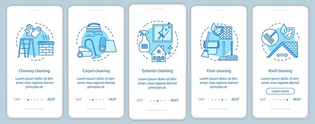 Servicios de limpieza adicionales que incorporan la pantalla de la página de la aplicación móvil, conceptos lineales. Cinco instrucciones gráficas paso a paso. Chimenea, limpieza exterior. UX, UI, plantilla vectorial GUI con ilustraciones