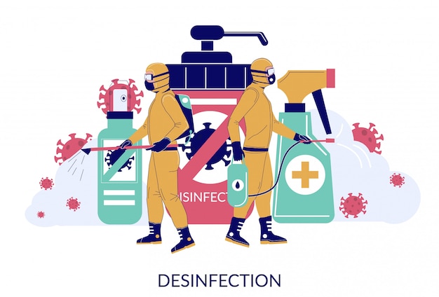 Servicios de limpieza y desinfección de coronavirus, ilustración plana