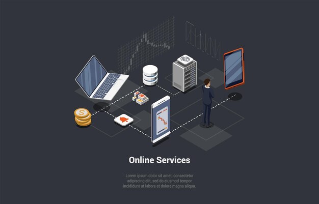Servicios en línea para comprar o vender moneda digital Empresario Consultoría sobre el pronóstico del mercado Tecnología moderna de almacenamiento de información en el servidor y la nube Isométrica 3d Ilustración vectorial de dibujos animados