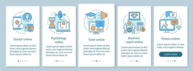 Servicios en línea que incorporan la pantalla de la página de la aplicación móvil con conceptos lineales. salud, educación, instrucciones gráficas de pasos de tutorial de entrenamiento. ux, ui, plantilla de vector de gui con ilustraciones