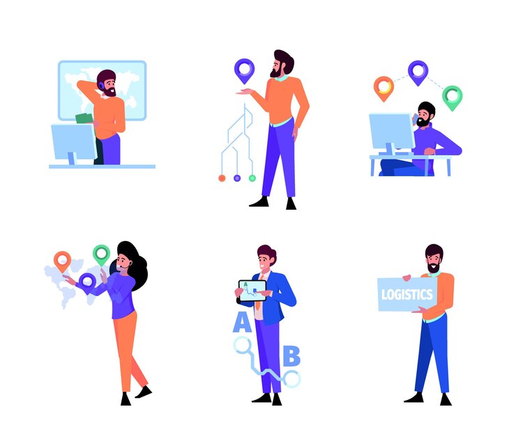 Vector servicios logísticos trabajadores de entrega soporte de software centro de llamadas operador de transporte paquetes envío de carga suministros de fabricación ilustraciones de conceptos planos de vectores llamativos