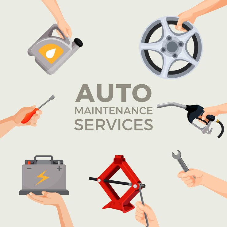 Vector servicios de mantenimiento de automóviles con texto en el centro de imágenes. ilustración en diseño plano de manos sosteniendo herramientas y rueda para automóvil. proceso de reparación de transporte en estación de servicio.