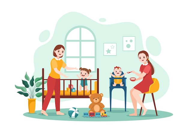 Servicios de niñera o niñera para atender las necesidades del bebé y jugar con niños en ilustración plana