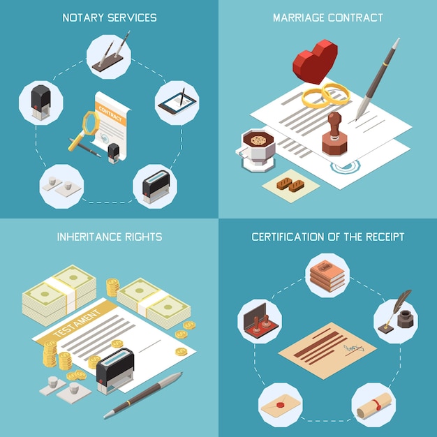 Servicios notariales 2x2 concepto de diseño conjunto ilustración isométrica