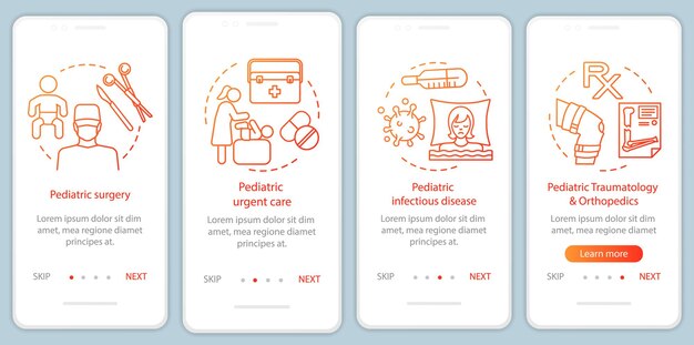 Servicios pediátricos que incorporan la pantalla de la página de la aplicación móvil con conceptos lineales Atención de urgencia enfermedades infecciosas ortopedia paso a paso instrucciones gráficas UX UI GUI plantilla vectorial con iconos