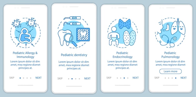 Servicios pediátricos que incorporan la pantalla de la página de la aplicación móvil con conceptos lineales. Inmunología, endocrinología, neumología paso a paso instrucciones gráficas. UX, UI, plantilla vectorial GUI con ilustraciones