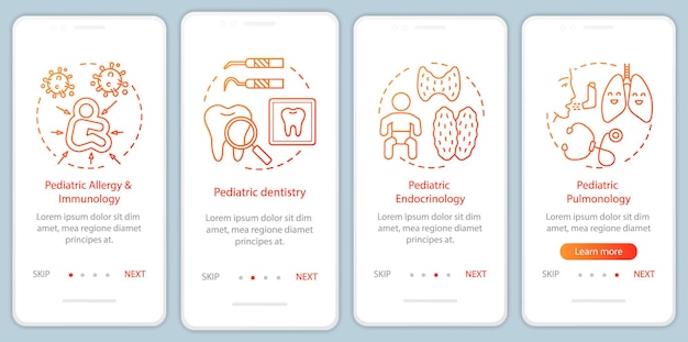 Servicios pediátricos que incorporan la pantalla de la página de la aplicación móvil con conceptos lineales Odontología alergia endocrinología neumología tutorial pasos instrucciones gráficas UX UI GUI plantilla vectorial con iconos