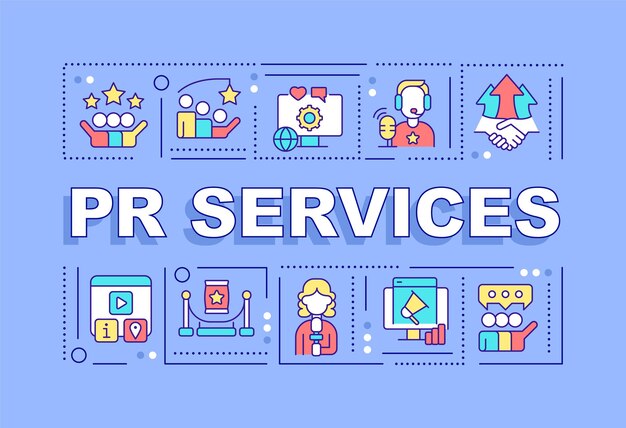 Servicios de relaciones públicas conceptos de palabras banner púrpura Estrategia de reputación empresarial Infografías con iconos sobre fondo de color Tipografía aislada Ilustración vectorial con texto Fuente ArialBlack utilizada