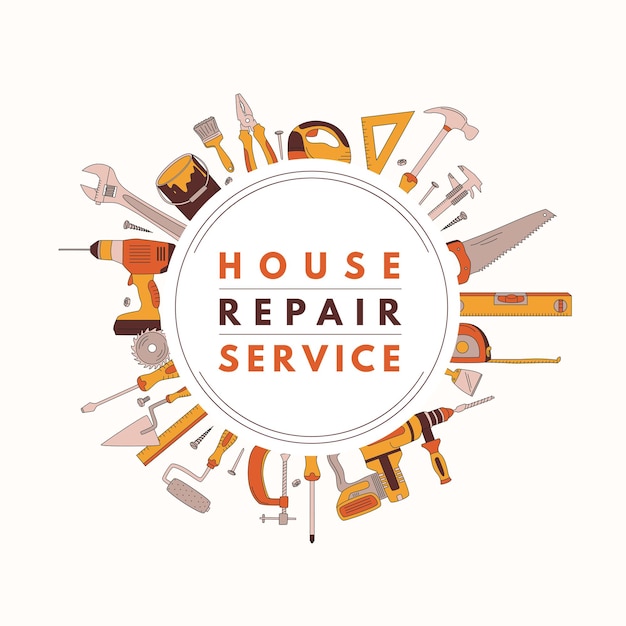 Servicios de reparación del hogar Herramientas de construcción Elementos planos dibujados a mano El concepto de renovación del hogar