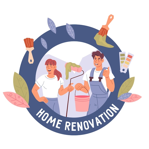 Servicios de reparación de viviendas adhesivo trabajo de renovación ilustración vectorial del logotipo aislado