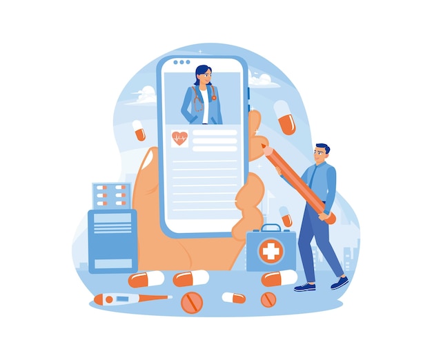 Servicios de salud en línea Hombre llenando documentos de salud en la pantalla de su teléfono móvil Concepto de consulta médica en línea Ilustración vectorial plana