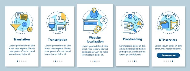 Servicios de texto que incorporan la pantalla de la página de la aplicación móvil con conceptos lineales. Traducción, transcripción, corrección de pruebas paso a paso instrucciones gráficas. UX, UI, plantilla de vector de GUI con ilustraciones