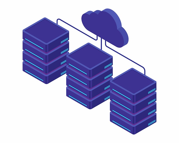 Servicios de transmisión y protección de datos isométricos, servidores locales conectados a servidores en la nube.