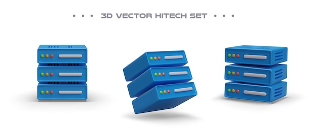Vector servidor azul realista en diferentes posiciones con sombras centro de datos