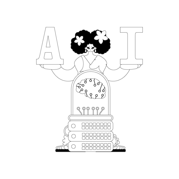 Servidor de chicas y AI en una ilustración de estilo lineal sobre inteligencia artificial