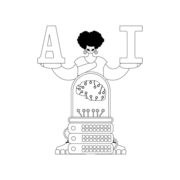 Servidor de chicas y IA en un estilo lineal vectorial con temática de inteligencia artificial