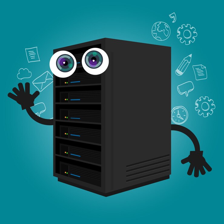 Vector servidor componente base de datos gran almacenamiento de datos ojos de dibujos animados mascota linda sonrisa tecnología
