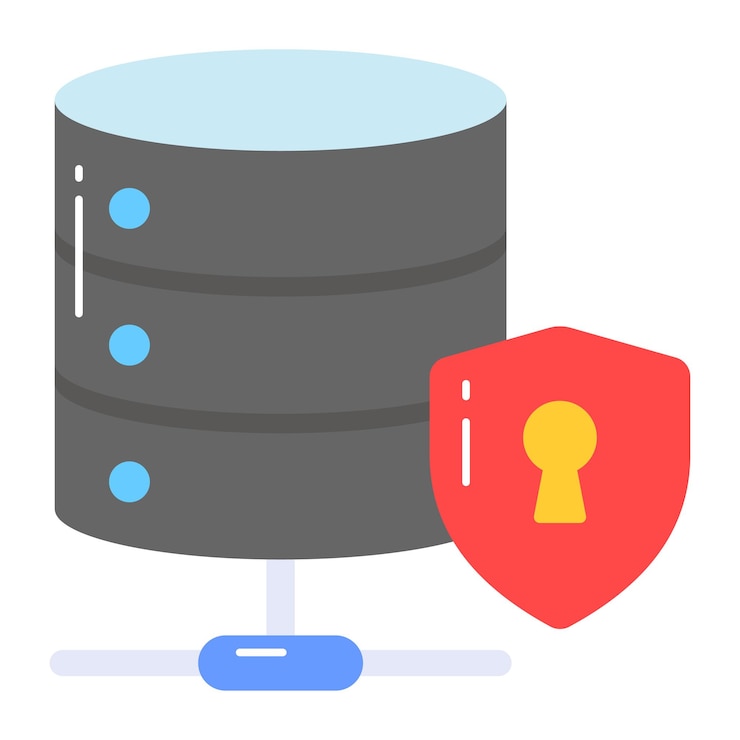 Vector servidor de datos con icono de escudo de protección de la base de datos segura