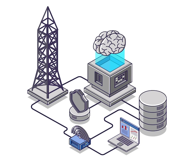 Servidor de datos de red de ilustración de concepto isométrico plano y base de datos de Internet con inteligencia artificial